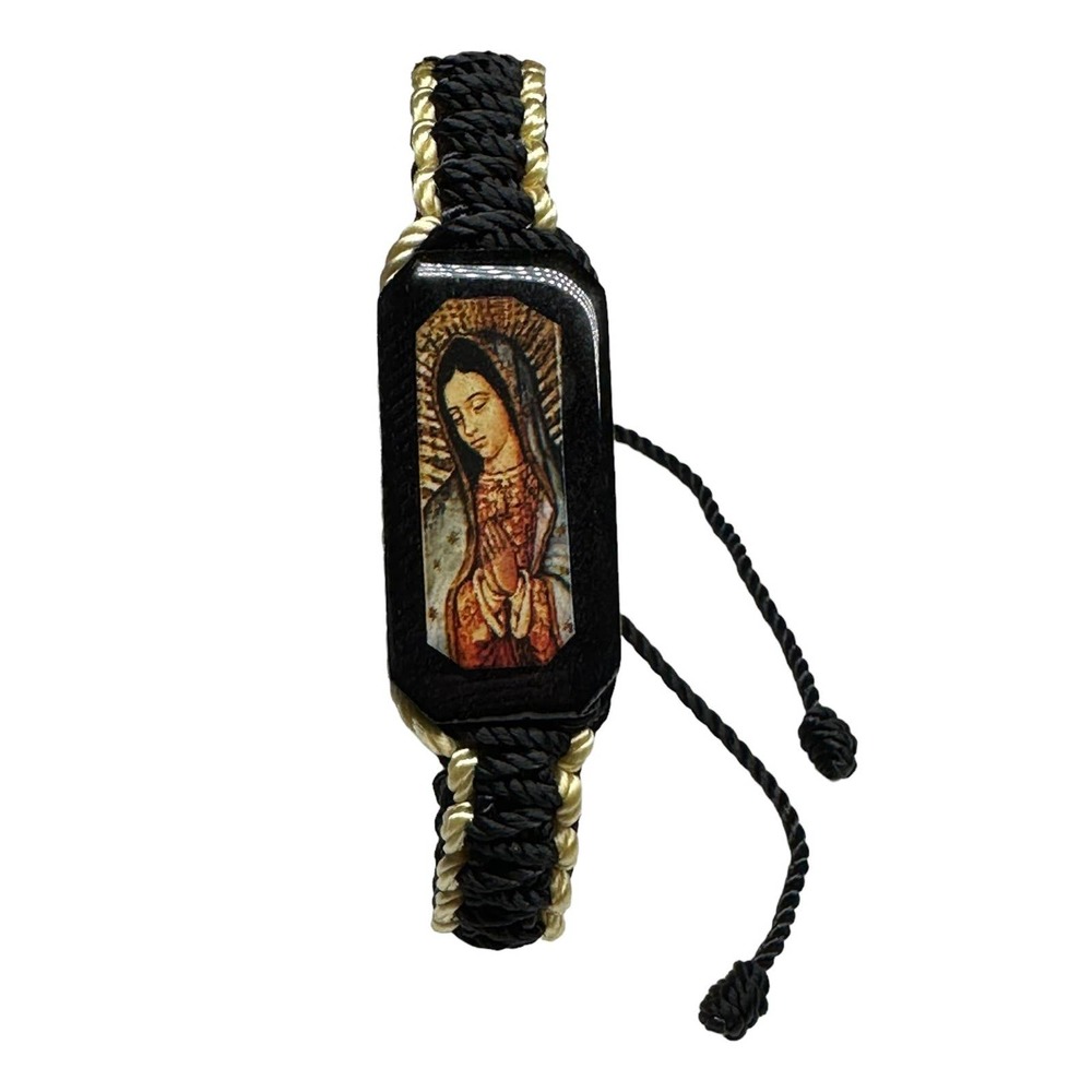 Our Lady of Guadalupe Bracelet Knotted Rope Black and Cream Color Adjustable NEW